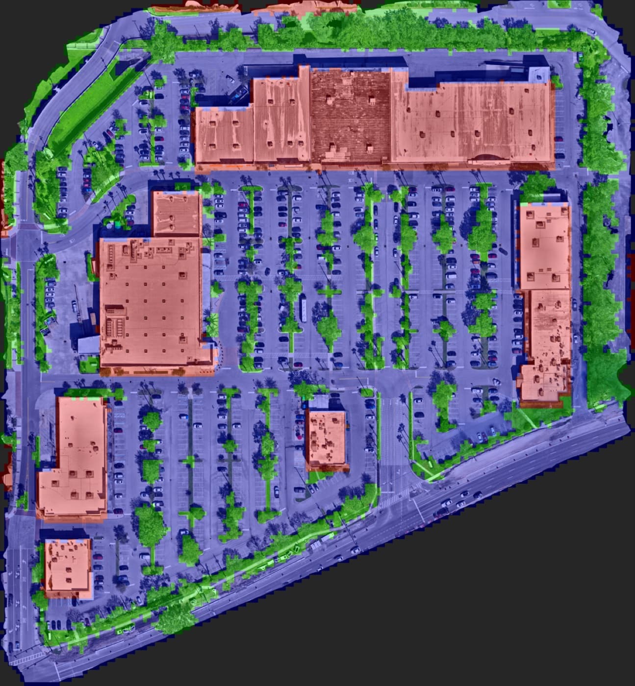 Aerial ortho of a retail plaza with full LandOS material classification